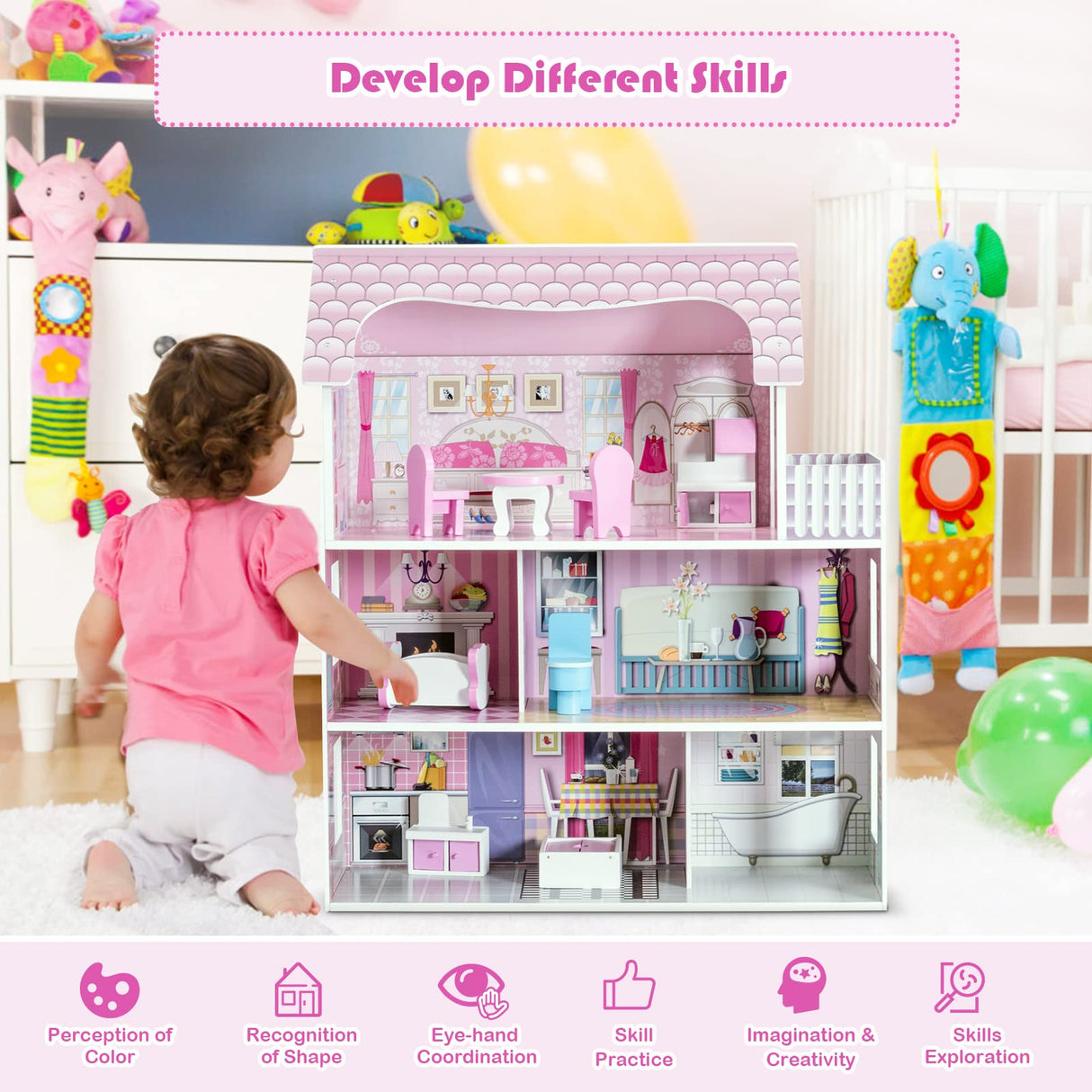 HONEY JOY Dollhouse with 8Pcs Furniture