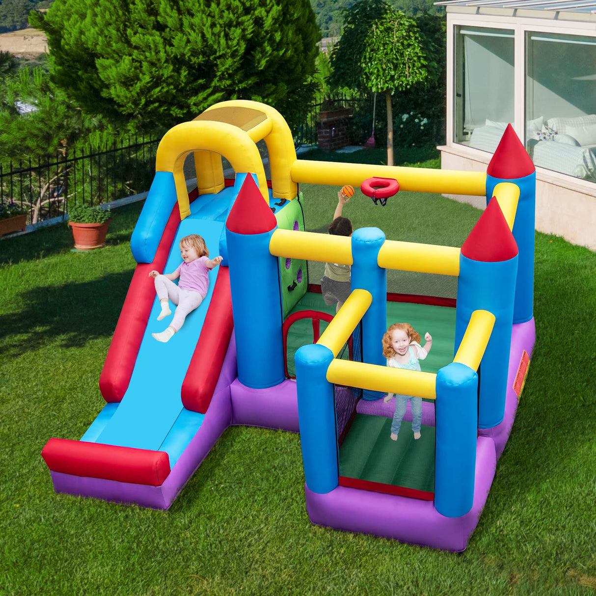 HONEY JOY Inflatable Bounce House, Jumping Castle w/Slide, Climbing Wall, Basketball Rim