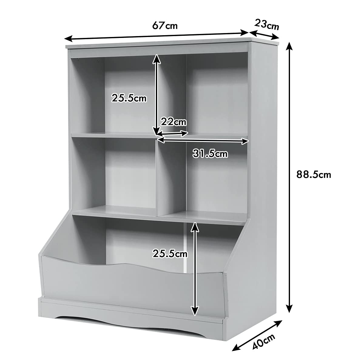 HONEY JOY Kids Bookshelf, 3-Tier Toy Storage Organiser for Children w/4 Open Compartments and 1 Box