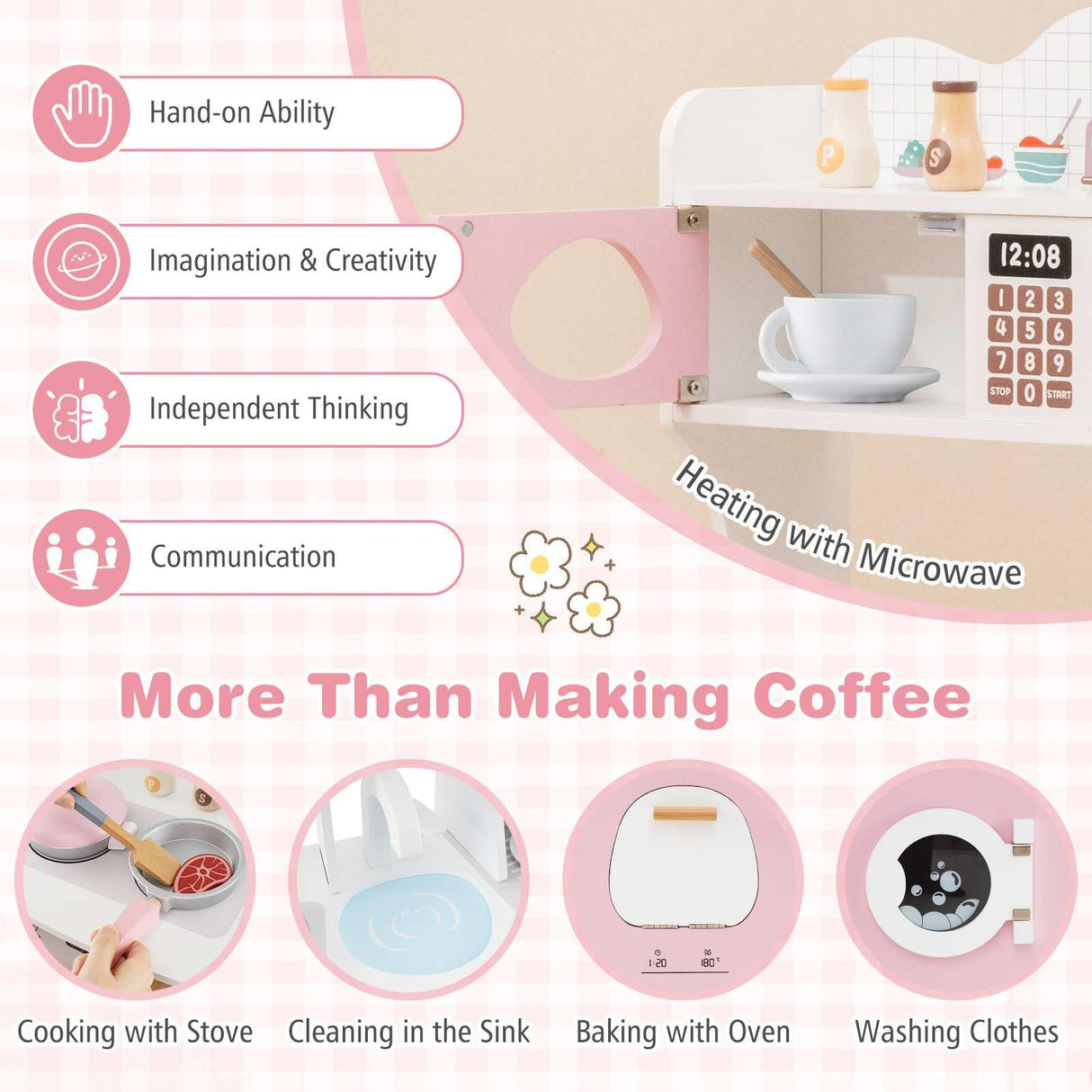 HONEY JOY All-in-1 Wooden Kids Kitchen Playset, Pretend Play Kitchen w/Coffee Maker