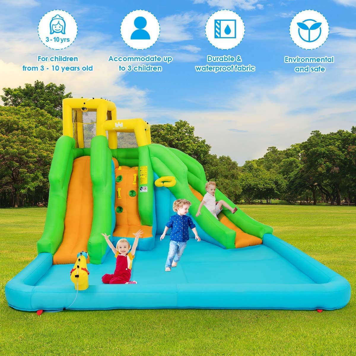 HONEY JOY Inflatable Water Slide, 6 in 1 Inflatable Castle Water Park w/Climbing Wall, Basketball Rim(with 680W Blower)