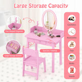 HONEY JOY Wooden Kids Vanity Set w/Lighted Mirror, Makeup Beauty Dressing Table w/Chair