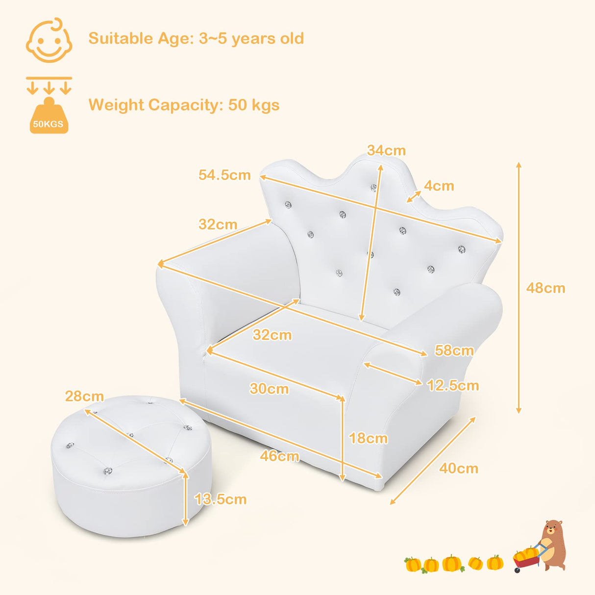 HONEY JOY Kids Sofa, Children Upholstered Sofa with Ottoman, Princess Lounge Sofa with Diamond Decoration