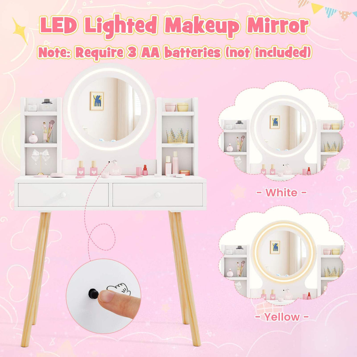 Wooden Kids Vanity Set Makeup Dressing Table w/ 2-Color LED Lighted Mirror Stool