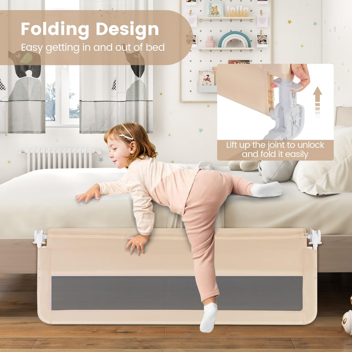 BABY JOY Bed Rail Guard for Toddlers, 150 x 55 cm Foldable Baby Bed Rail w/Safety Strap for Crib