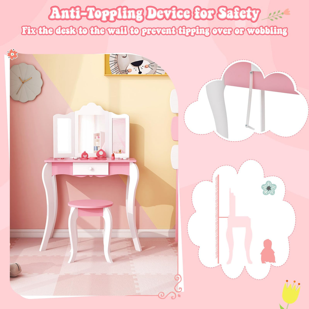 HONEY JOY Kids Vanity Table and Chair Set, 2-in-1 Kids Pretend Play Makeup Dressing Table Set with Tri-Folding Mirror