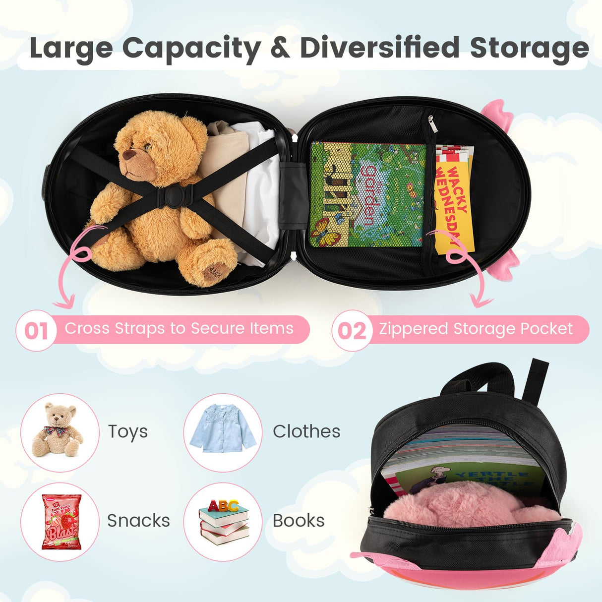 BABY JOY 2 PCs Kids Luggage Set, 16" Kids Rolling Suitcase w/ 12" Backpack