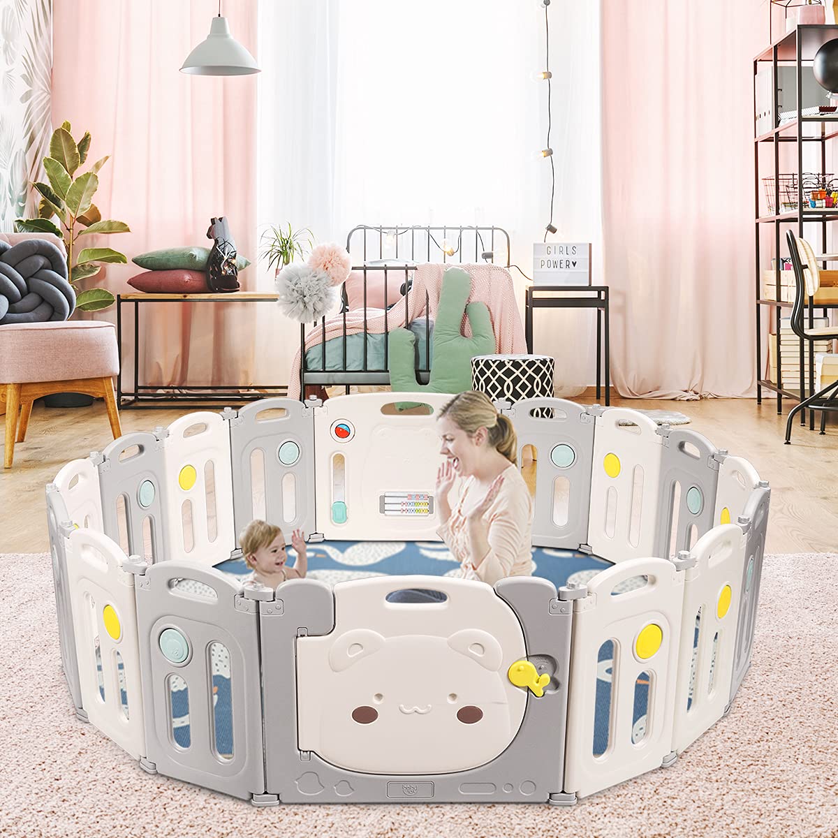 BABY JOY Foldable Baby Playpen 16 Panels, Kids Safety Yard Activity Center with Cute Bear Pattern, Storage Bag, Door with Safety Lock & Educational Toys