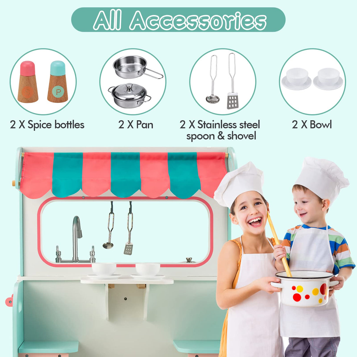 HONEY JOY 2 in 1 Kids Play Kitchen Restaurant, Pretend Play Double Sided Wooden Kitchen Playset