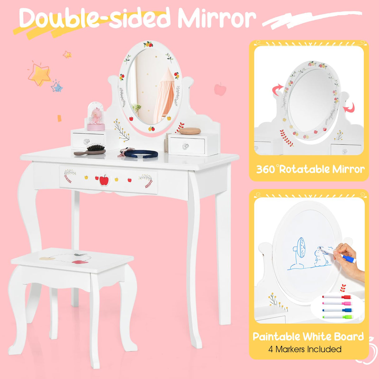 HONEY JOY Kids Vanity & Stool Set, Kids Dressing Table w/360° Rotatable Mirror, Whiteboard, 3 Storage Drawers, Cute Apple Patterns