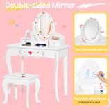 HONEY JOY Kids Vanity & Stool Set, Kids Dressing Table w/360° Rotatable Mirror, Whiteboard, 3 Storage Drawers, Cute Apple Patterns