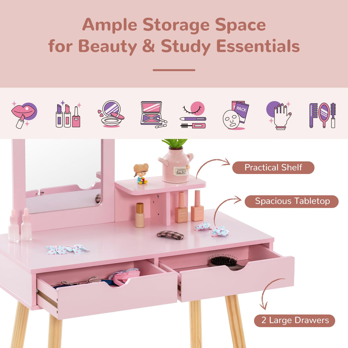 HONEY JOY Kids Vanity Set, Girls Vanity Set with Mirror and Stool, 2 Large Drawers, Storage Shelf