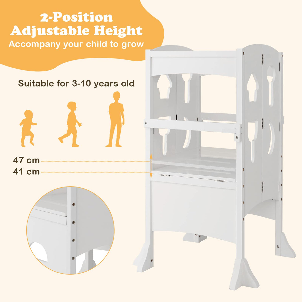 BABY JOY Kids Foldable Kitchen Step Stool, Solid Wooden Standing Learning Stool w/Lockable Safety Rail