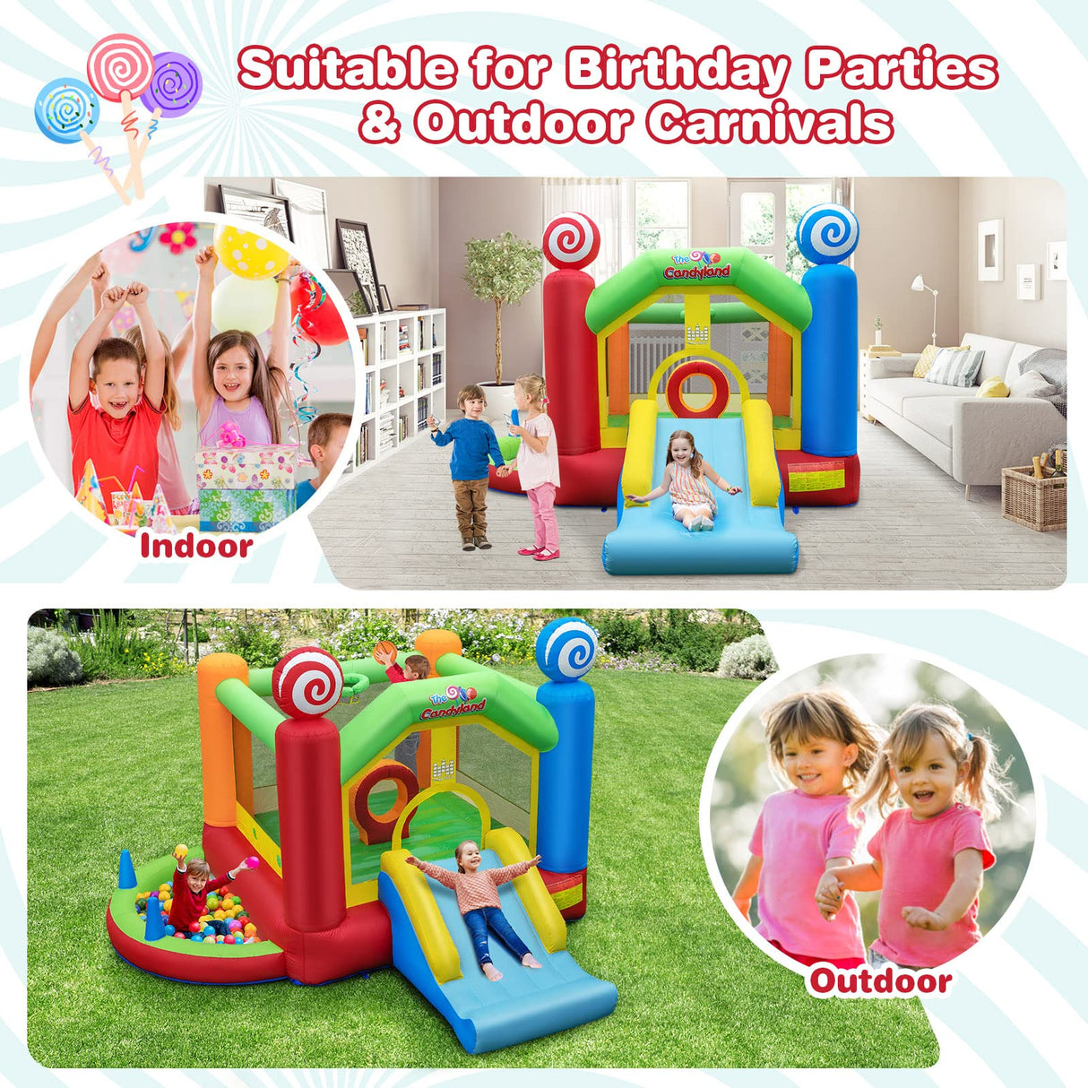 HONEY JOY Kids Inflatable Bounce House, Candy Theme Jumping Castle w/Jumping Area, Slide, Ball Pit Area