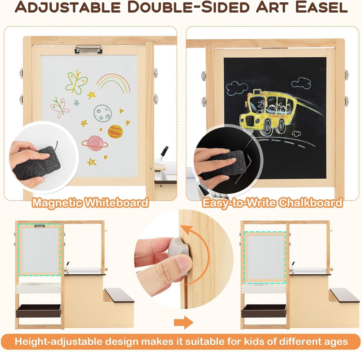 HONEY JOY Easel for Kids Wooden Art Easel with Double-Sided Blackboard & Whiteboard, Paper Roll for Drawing