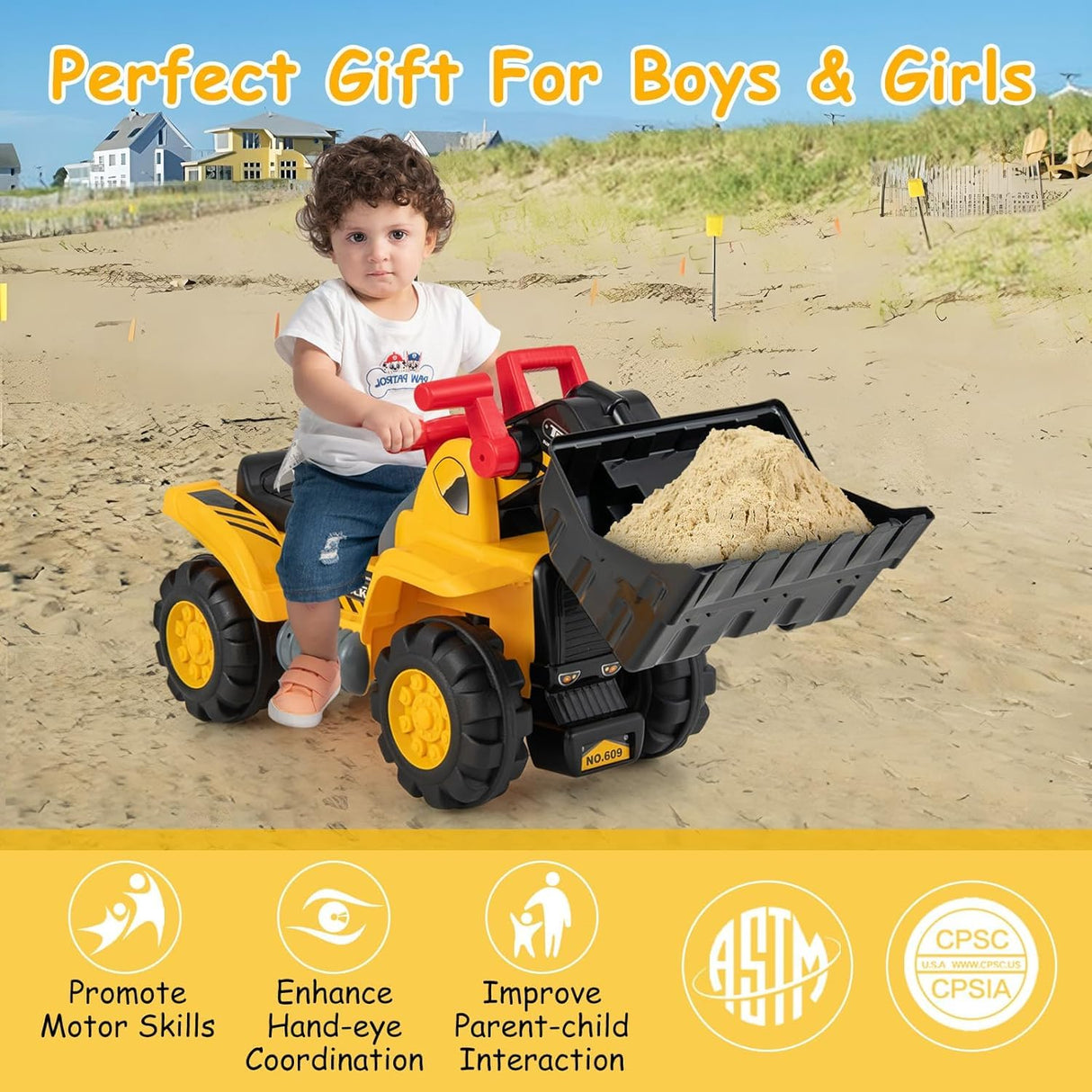 HONEY JOY Kids Ride on Excavator, Construction Digger Pulling Cart with Helmet, 3 Toy Stones