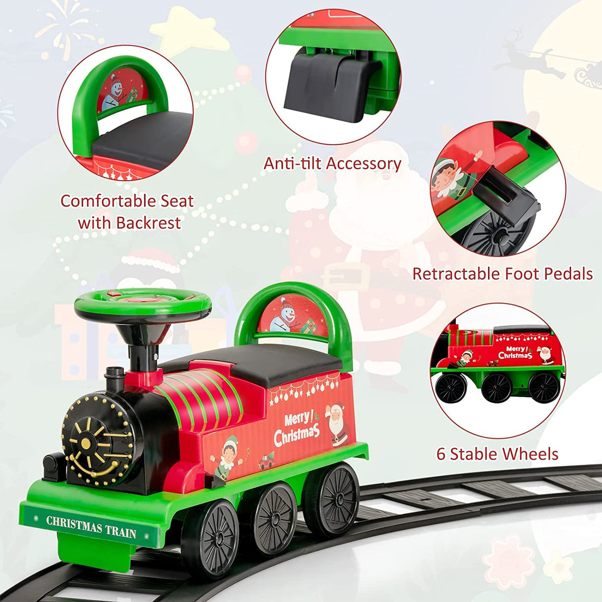 HONEY JOY Ride on Train Track, 6V Electric Ride on Train with Tracks, Storage Seat, Flashing Lights & Music