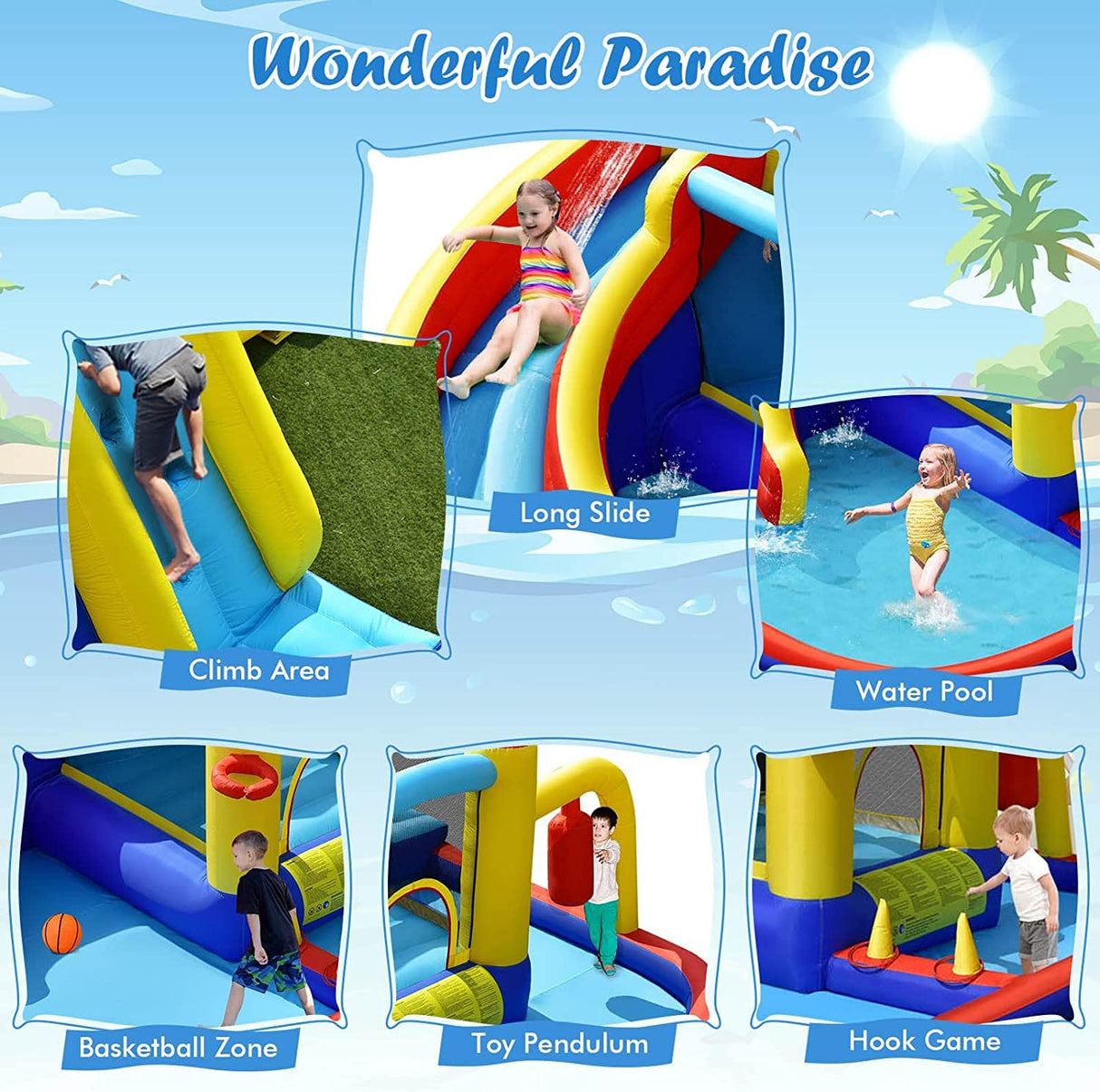 HONEY JOY Inflatable Water Slide, 7-in-1 Outdoor Kids Water Bounce House Jumping Castle w/Combo Water Slide, Splash Pool