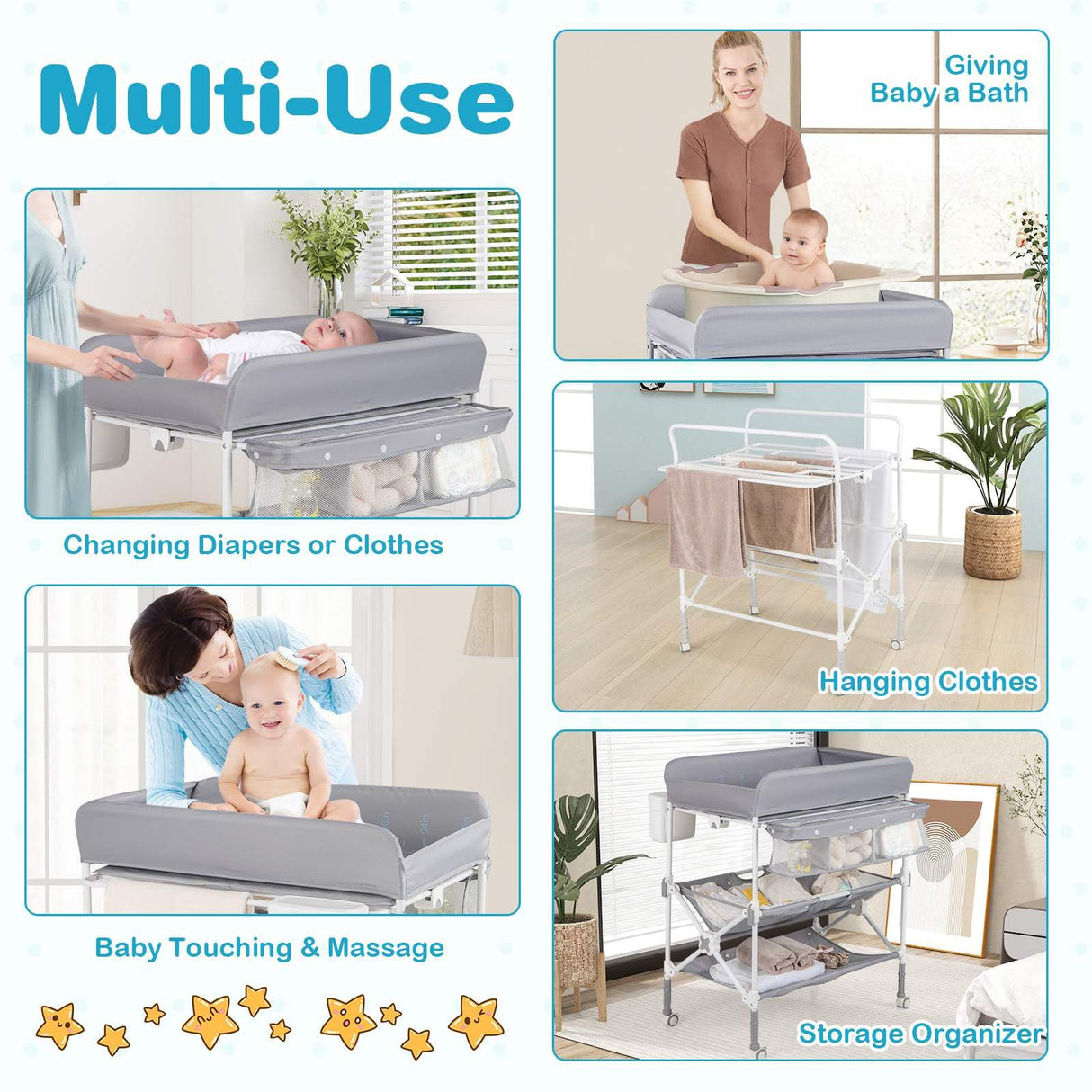 BABY JOY Portable Baby Changing Table w/ Wheels, Foldable Waterproof Diaper Changing Station w/ Adjustable Height