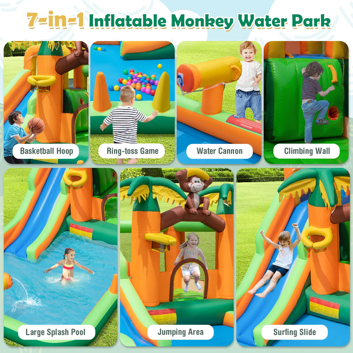 HONEY JOY Inflatable Water Slide, 7-in-1 Bounce House Water Park w/Splash Pool