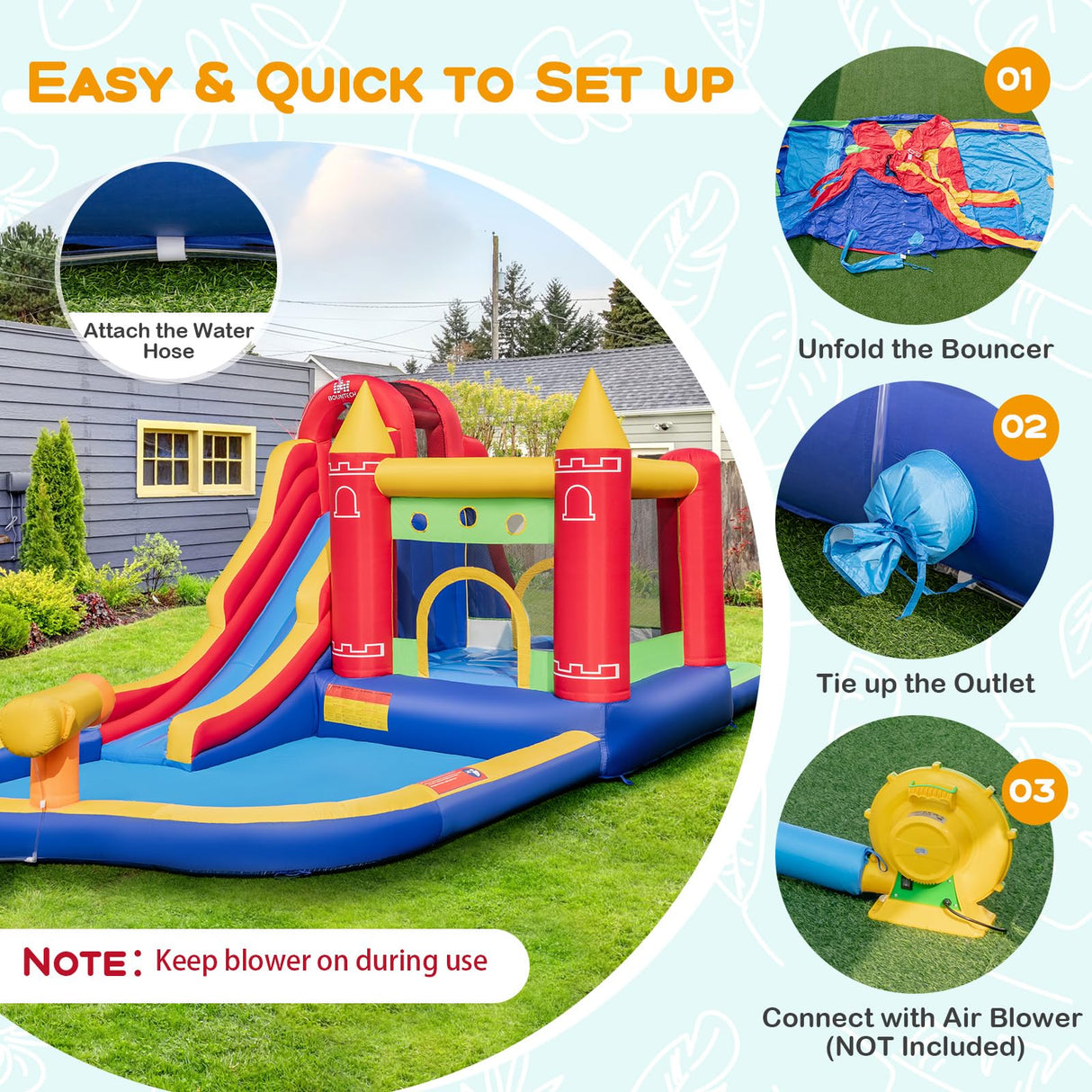 HONEY JOY Inflatable Water Slide, Outdoor Water Park Bouncy House with Ring-tossing