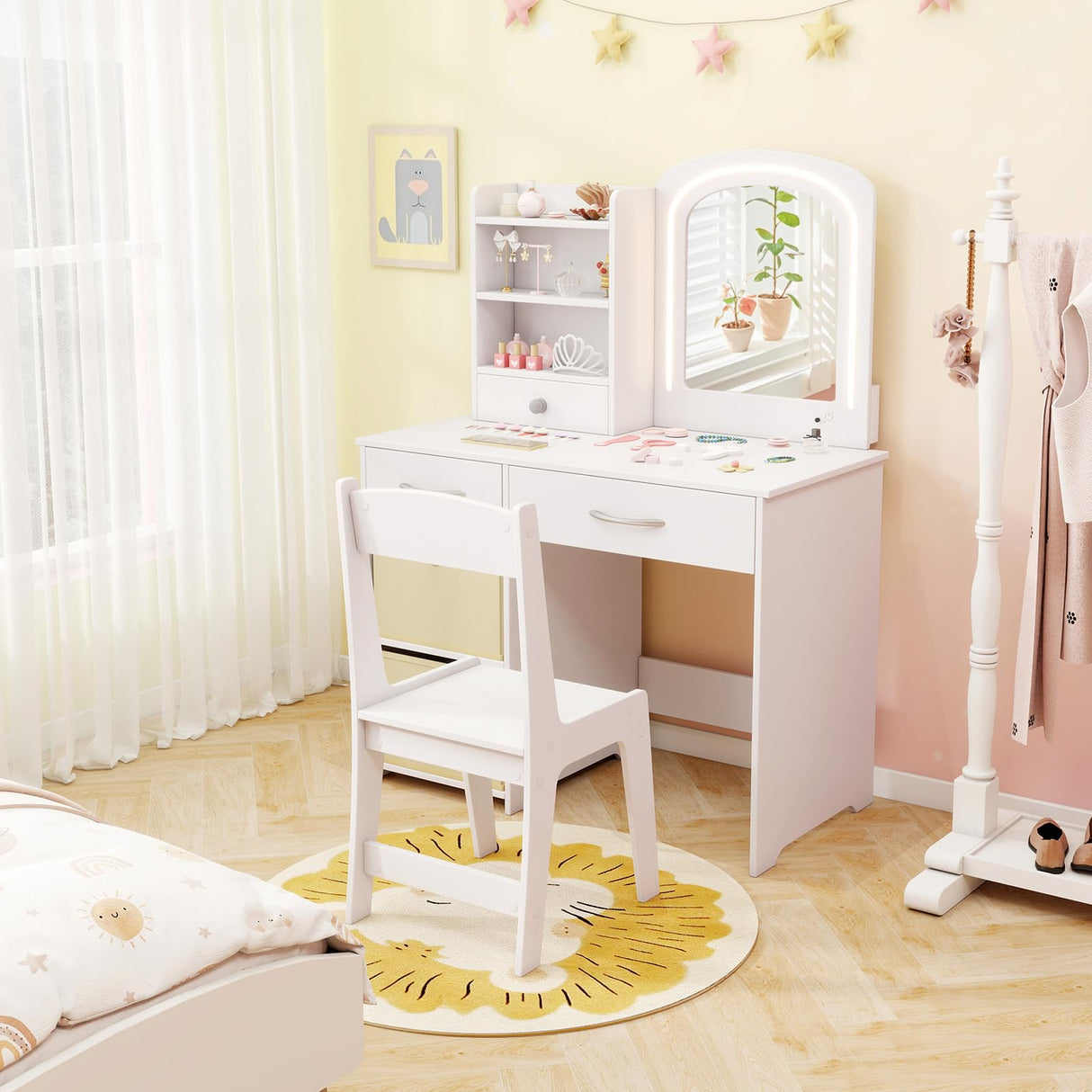 HONEY JOY Kids Vanity Set with 2 Color Lighted Mirror, Princess Makeup Desk and Chair Set with Mirror and Lights