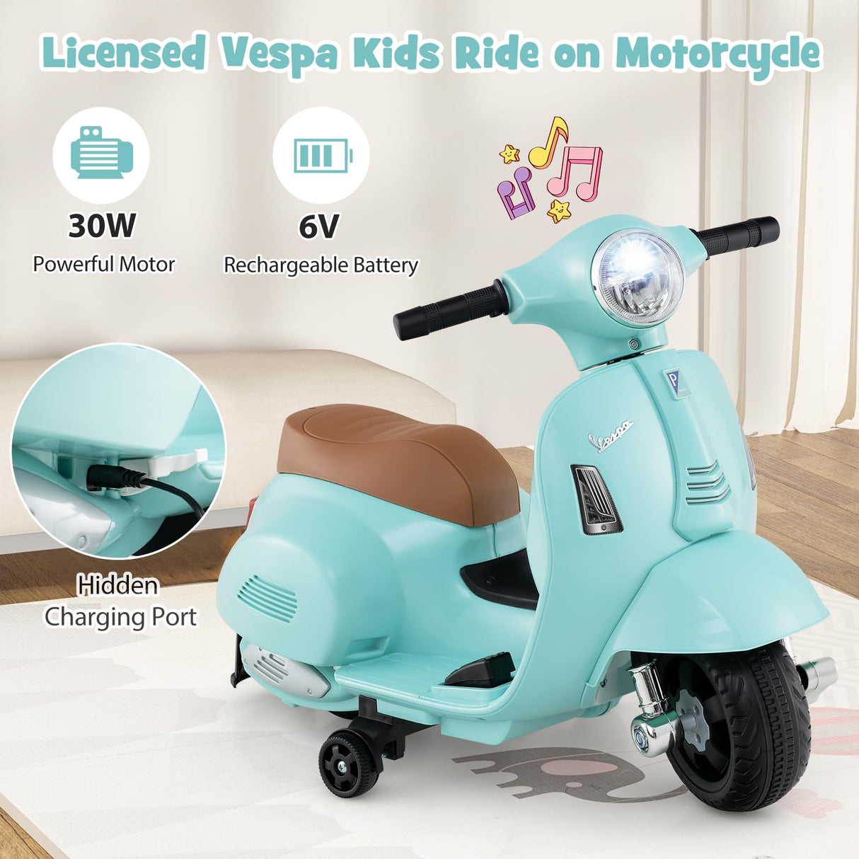 HONEY JOY Licensed Vespa Kids Ride on Motorcycle, 6V Battery Motorbike with LED Headlight & Horn Sound