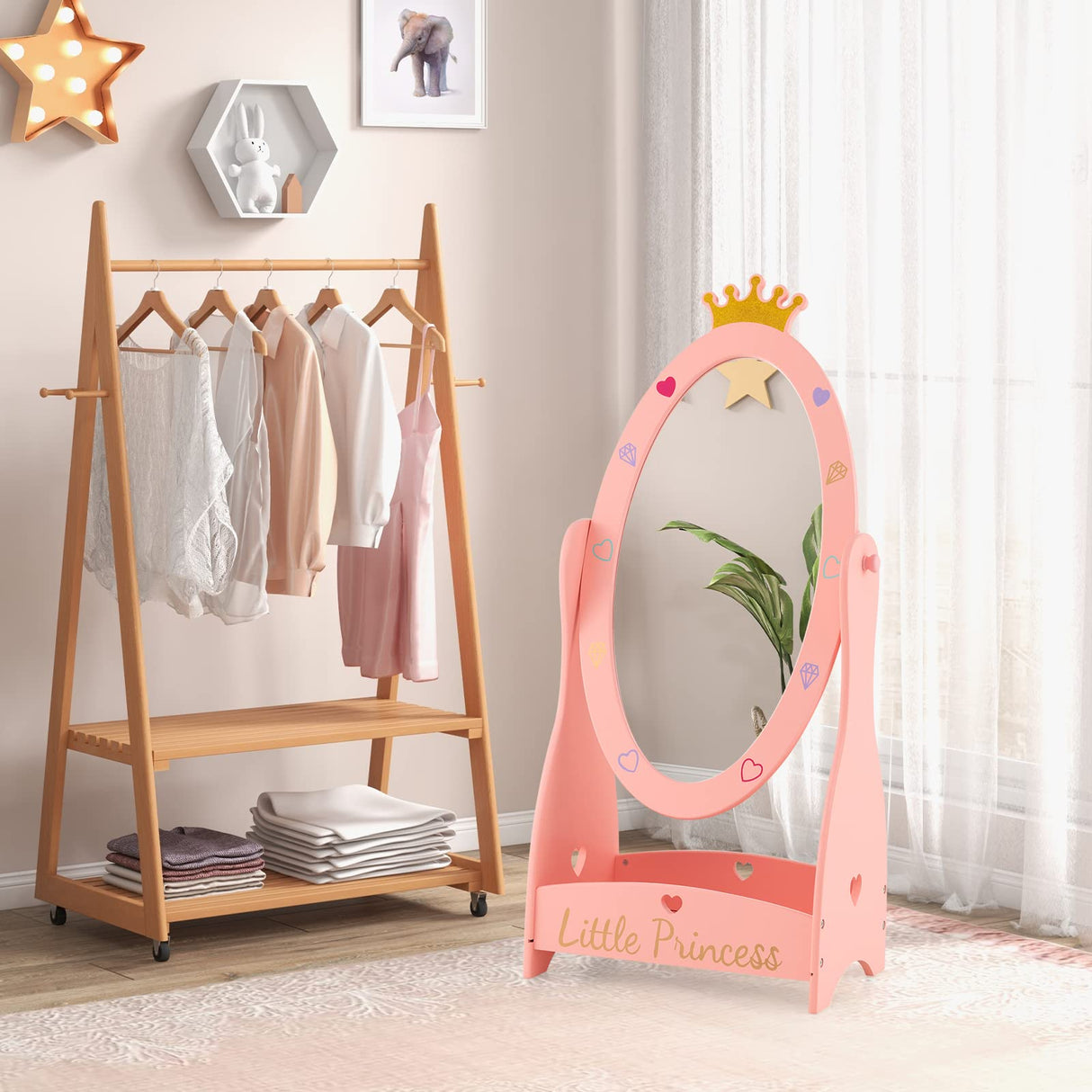 HONEY JOY Kids Full Length Mirror, Princess Floor Free Standing Mirror w/Storage Shelf