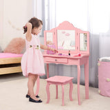 HONEY JOY 2 in 1 Kids Vanity Table & Chair Set, Princess Makeup Dressing Table with Drawer & Tri-Folding Mirror