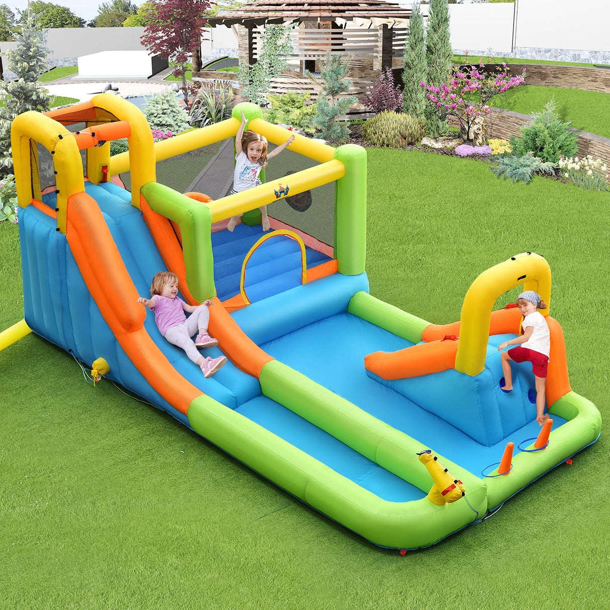 HONEY JOY 8 in 1 Inflatable Water Slide, Water Park w/Double Slides, Basketball Hoop, Water Gun (Without Blower)