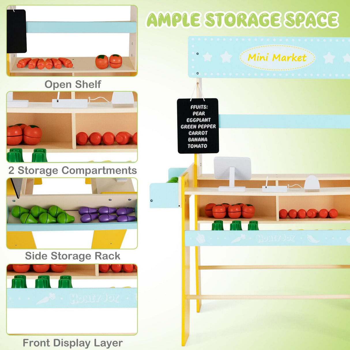 HONEY JOY Wooden Grocery Store for Kids, Pretend Supermarket Stand