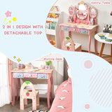 HONEY JOY Kids Vanity Table & Chair Set, Toddler Vanity w/Detachable Top, 2 in 1 Princess Makeup Dressing Table