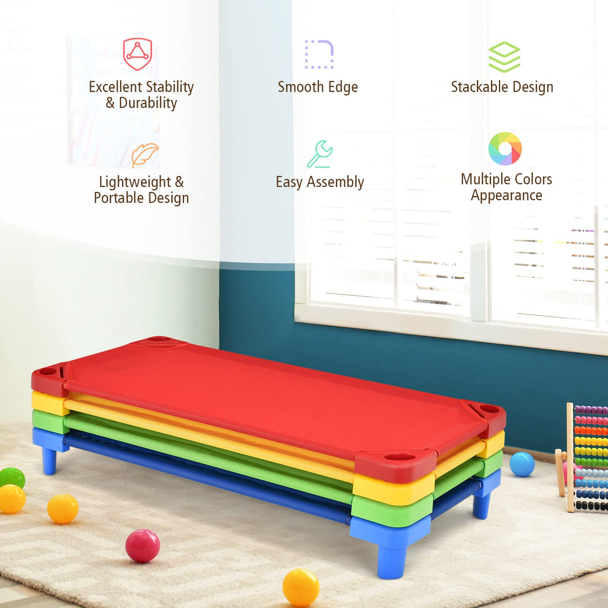 HONEY JOY Kids Stackable Naptime Cot, Toddler Daycare Cots Rest Mat w/ Easy Lift Corners