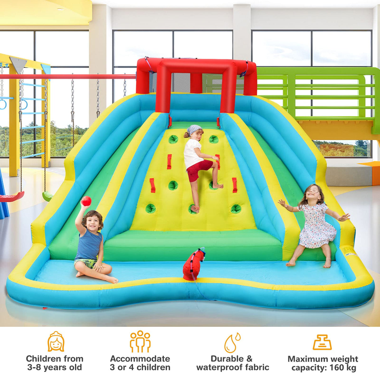 HONEY JOY Inflatable Water Slide, 452 x 365 x 233CM Giant Water Park for Kids w/Double Long Slides (Without Blower)