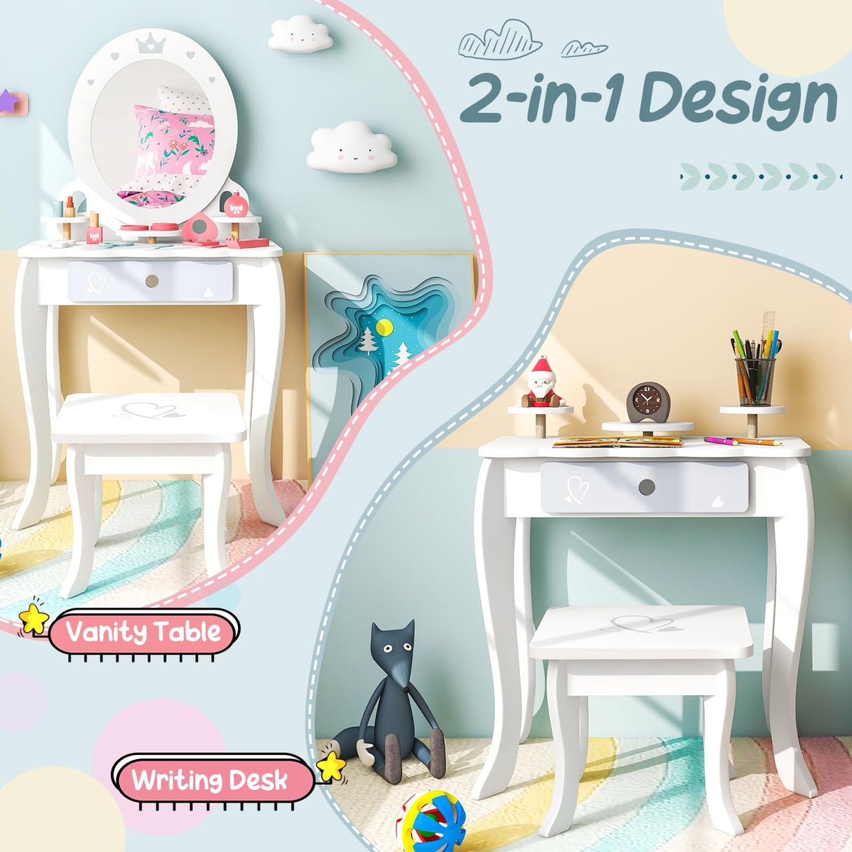 HONEY JOY Kids Vanity Set, Dressing Table w/Mirror and Stool, Accessories, Drawer, Wooden Princess Makeup Dressing Table