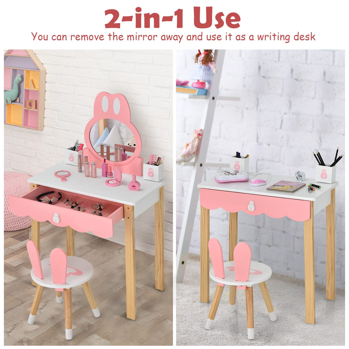 HONEY JOY 2 in 1 Kids Vanity Set w/Mirror, Cute Bunny Princess Makeup Dressing Table Stool