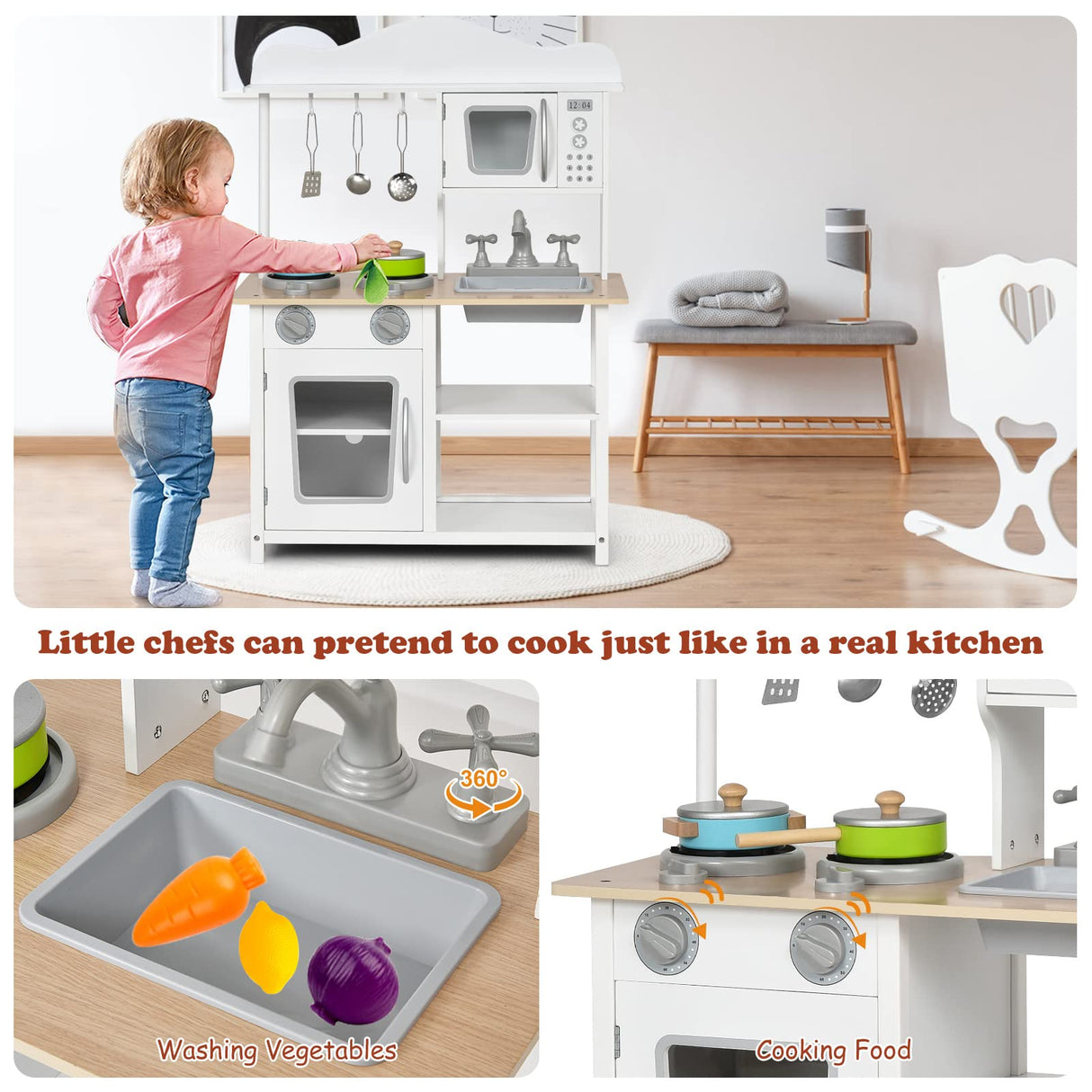 HONEY JOY Kids Kitchen Playset, Wooden Pretend Playset for Toddlers w/Sink, Oven, Microwave, Stove, Pots, Utensils