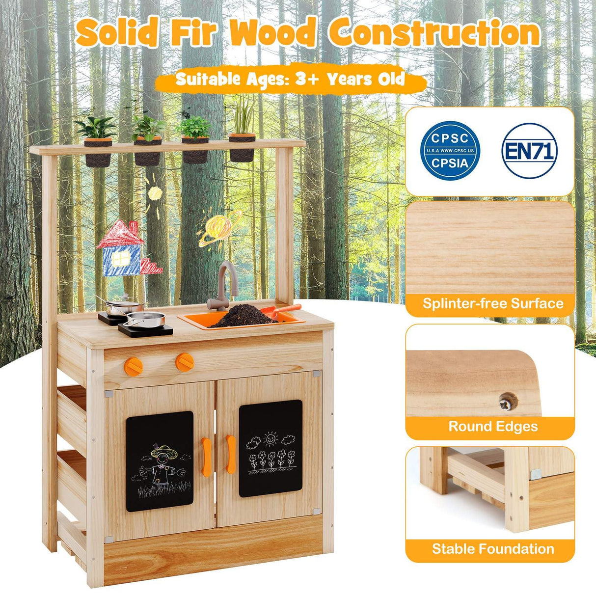 HONEY JOY Mud Kitchen for Kids, Fir Wood Kitchen Playset with Planting Pots, Cookware, Stoves