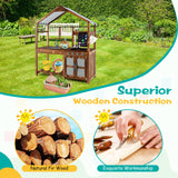 HONEY JOY Wooden Mud Kitchen, Outdoor Play Kitchen with Roof, Chalkboard, Stoves, Removable Sink and Kitchen Accessories