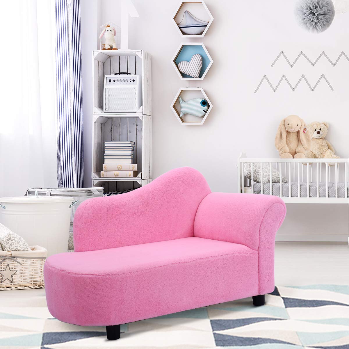 HONEY JOY Kids Sofa, Princess Chaise Lounge Armchair w/Coral Fleece & Wood Frame, Upholstered Long Lounger