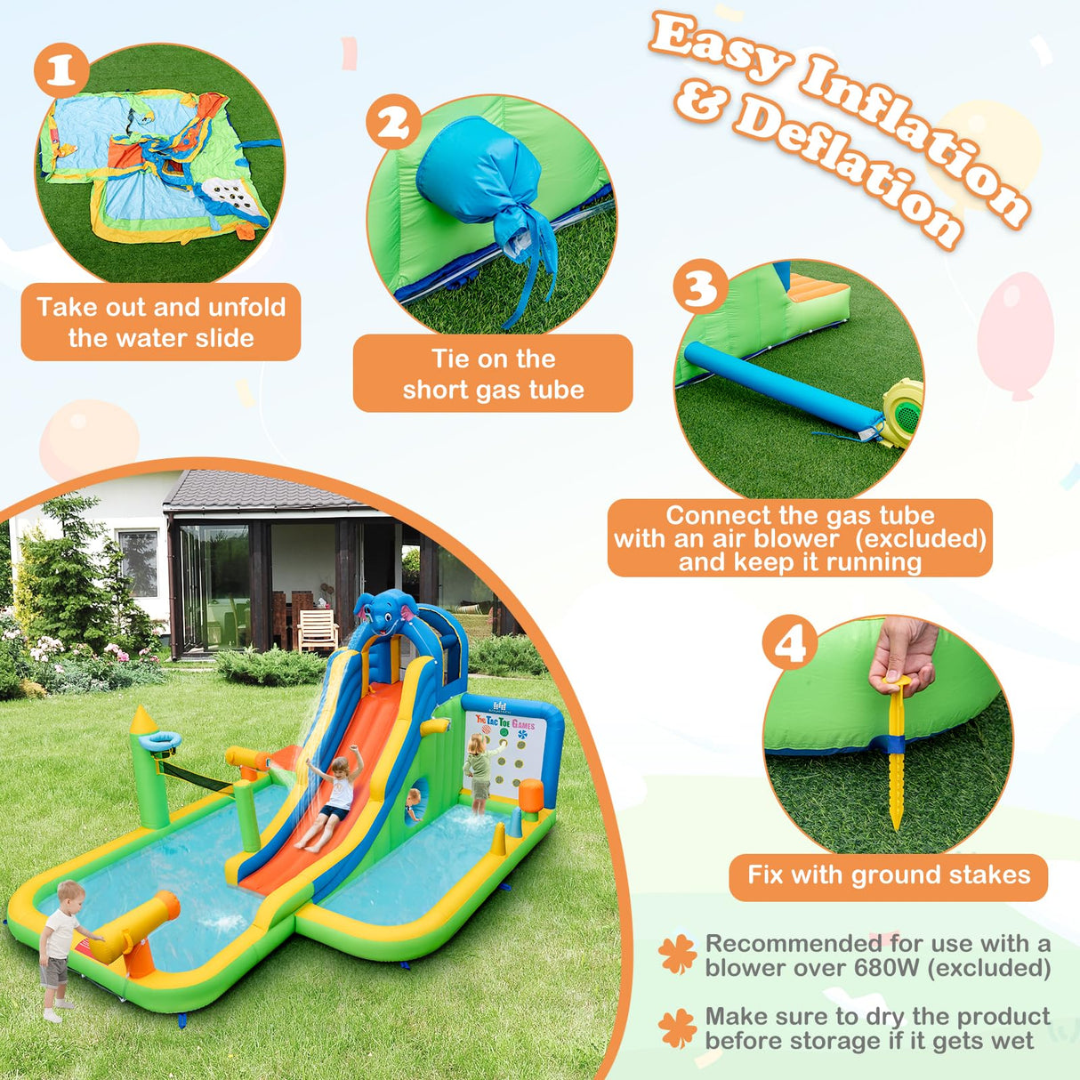 HONEY JOY Inflatable Water Slide, 9-in-1 Water Park Jumping Castle W/Ring-toss Game, Volleyball Area