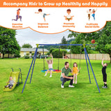 HONEY JOY 4-in-1 Swing Set, Heavy-Duty Metal Playset with Slide, Basketball Hoop