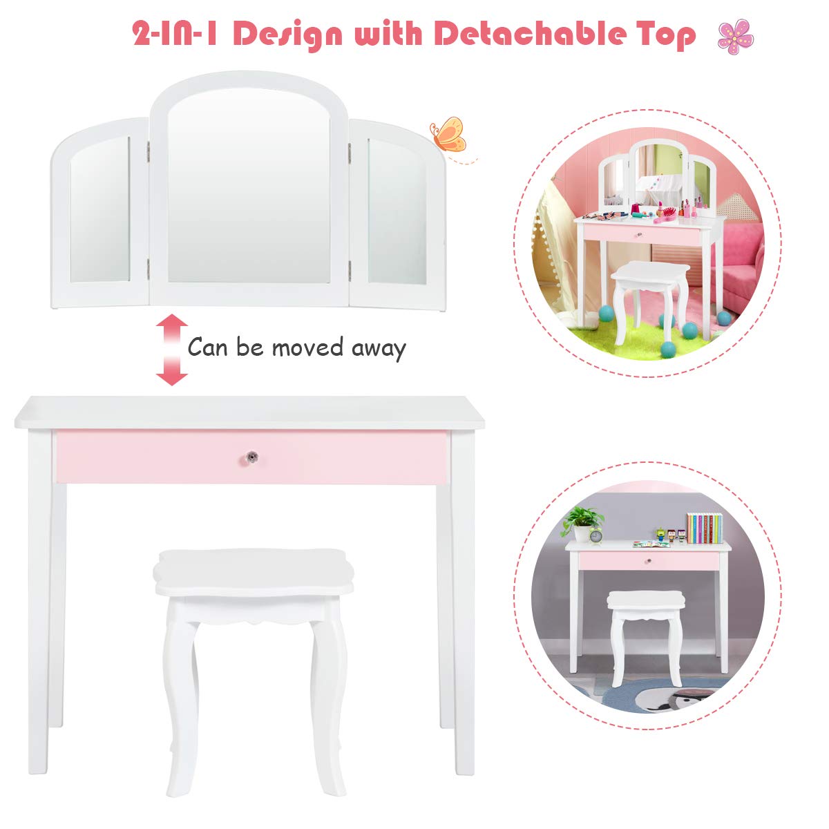 Kids Makeup Table Stool Set with Tri-folding Mirror for Bedroom