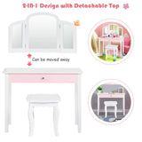 Kids Makeup Table Stool Set with Tri-folding Mirror for Bedroom