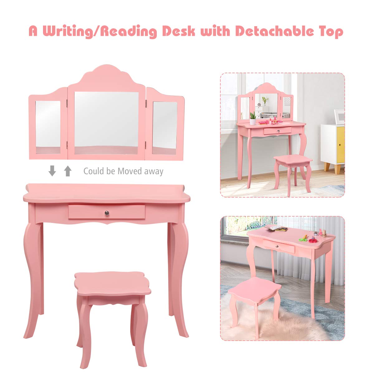 HONEY JOY 2 in 1 Kids Vanity Table & Chair Set, Princess Makeup Dressing Table with Drawer & Tri-Folding Mirror