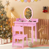 HONEY JOY Wooden Kids Vanity Set w/Lighted Mirror, Makeup Beauty Dressing Table w/Chair