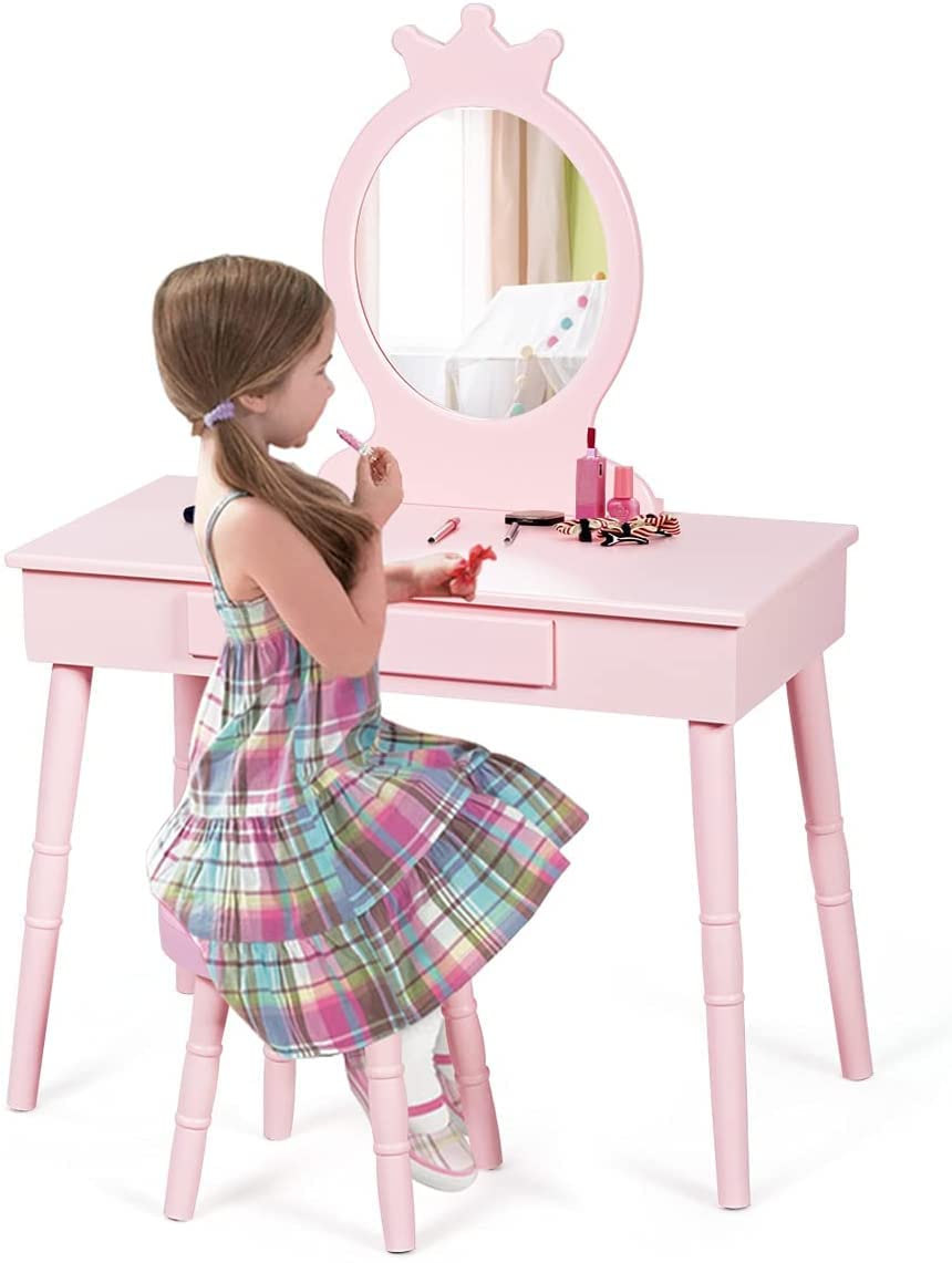 HONEY JOY Kids Vanity Set with Real Mirror & Cushioned Stool, Crown Shape Princess Makeup Dressing Table Stool Set