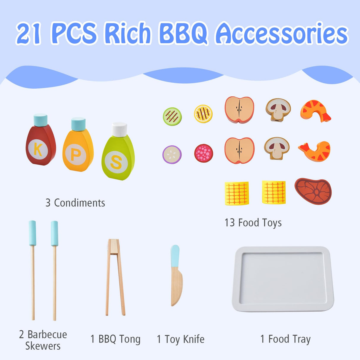 HONEY JOY Kids Pretend Barbecue Grill Play Set, Toy BBQ Grill Set w/ Wooden Grilling Tools & Play Food