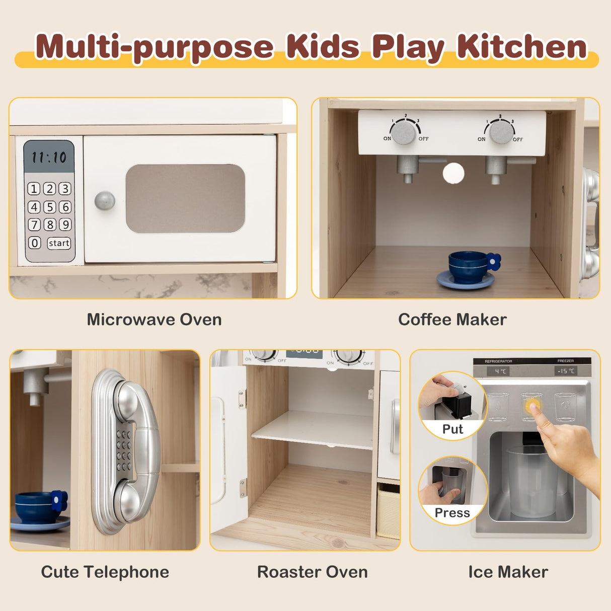 HONEY JOY Kids Play Kitchen, Wooden Pretend Kitchen Set w/Deluxe LED Lighting Effects