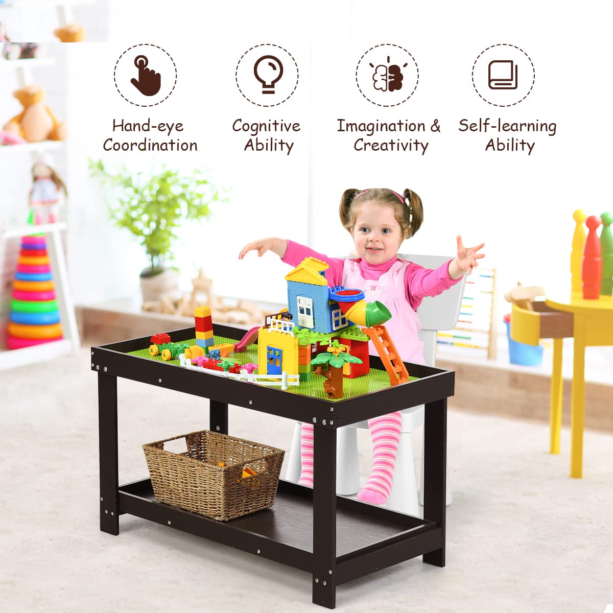 HONEY JOY Kids Activity Table w/Storage, 2 in 1 Building Block Table w/Board for Bricks Crafts Arts Draw